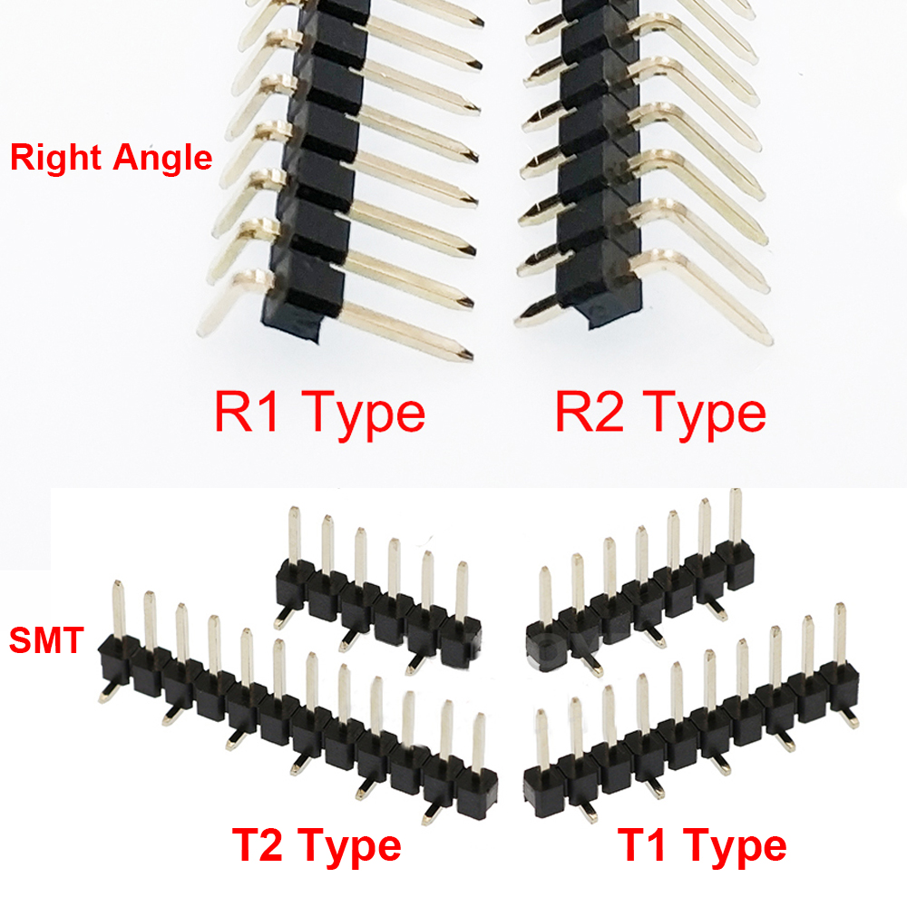 Male Female Header Pin - 単一のローブレーカR1x40p,100個,2.54mm,右アングルr1 r2 smt,スペーサーゴールドプレート,オスPCBピンヘッダーコネクタ